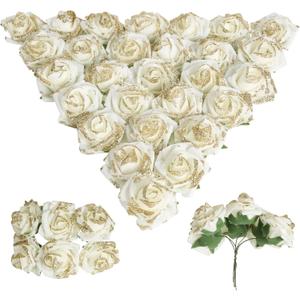 Ivory Foam Fake Roses 72pcs Glitter Roses 1.57" Cream Artificial Roses with Stems for Wall Decorations Wedding Centerpieces Bridal Shower Artificial Wedding Bouquet (Ivory)