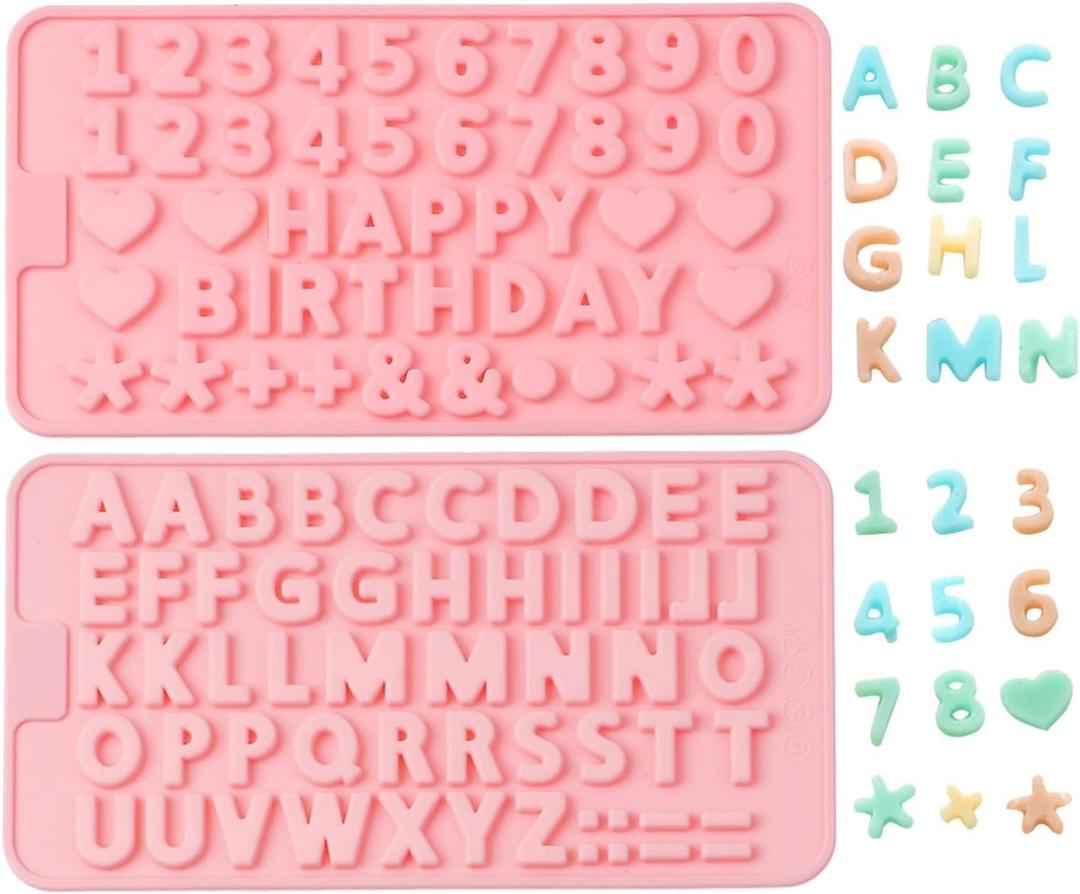 Verdental Small Silicone Letter Molds and Number Candy Molds Set of 2 Chocolate Molds Non-stick Gummy Molds Happy Birthday Cake Decorations Ice Molds with 2 Droppers (Pink)