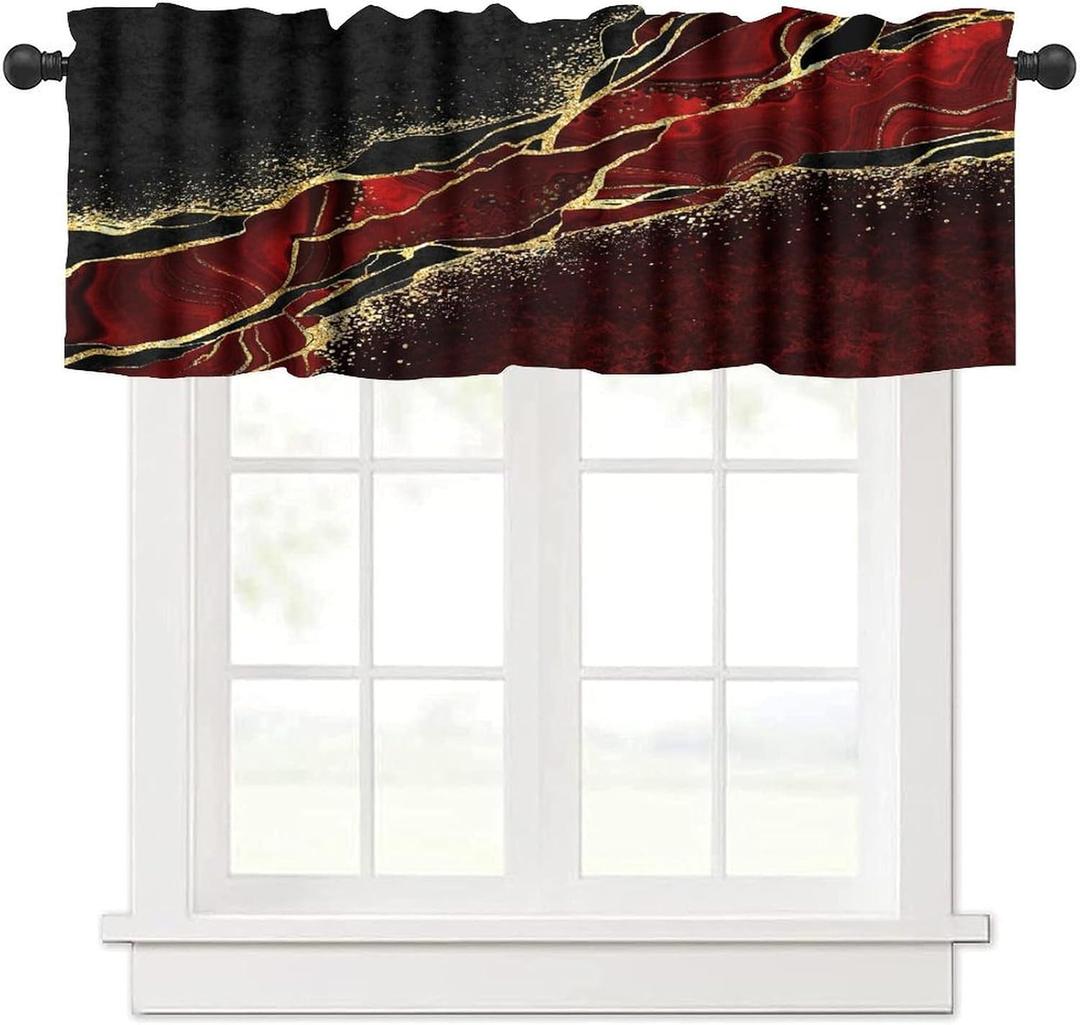 Red Marble Valance Curtain, Abstract Burgundy Maroon Marble Modern Luxury Vintage Black Red Gold Texture Print Blackout Short Window Drape for Kitchen Bedroom Living Room, 54x18inch