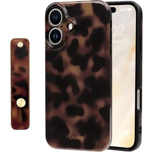 NITITOP Compatible for iPhone 17 Case with Wrist Strap Cute Stylish Leopard Print Amber Tortoise for Women Girls Men Soft TPU Shockproof Protective Cover - Brown Leopard