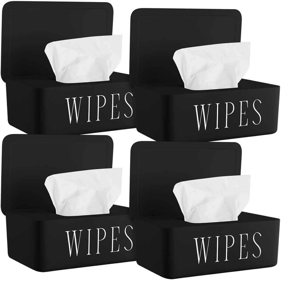 4 Pack Baby Wipes Dispenser Refillable Wipe Holder with Lid Toilet Wipes Container for Bathroom Tissue Paper Storage Box for Home Office (Black)