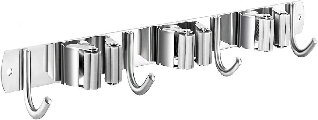 Mop and Broom Hanger Wall Mount, stainless steel Broom Hook Organizer Wall Mounted, Heavy Duty Mop Holder Storage Rack - 3 Racks 4 Hooks for hanging brooms and mops