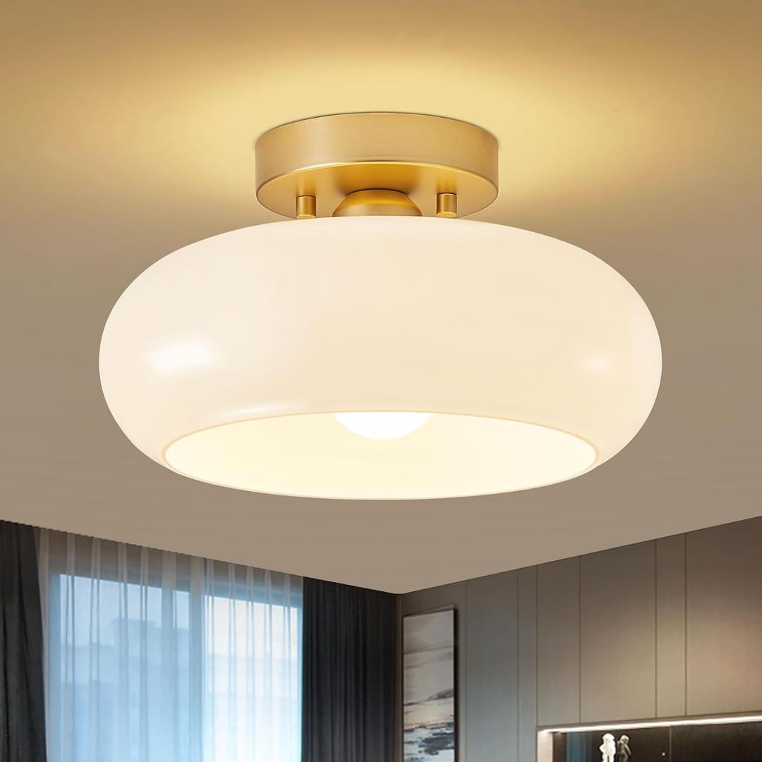 WOKNOS Mid-Century Modern Gold Semi Flush Mount Ceiling Light, Kitchen Ceiling Light Fixture with Glass Shade, Vintage White Close to Ceiling Lamp for Entryway Hallway Bathroom (11.0 Inch)
