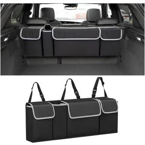 AUCELI Car Trunk Organizer, Backseat Hanging Large Storage with Adjustable Straps, Waterproof Collapsible Cargo Bag with 4 Pockets, Sturdy Space Saver Frees Trunk Floor for SUV, Truck, MPV (Black)