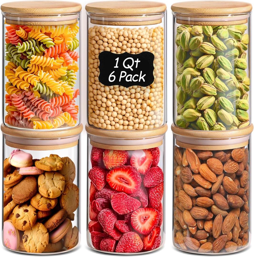 ComSaf 1 Qt Glass Storage Containers with Lids, Glass Jars with Lids, Clear Food Storage Jar, Round Canister Set of 6, Pantry Organizers for Cookie Pasta Flour Rice Tea Coffee Bean ComSaf 1 Qt Glass Storage Containers with Lids, Glass Jars with Lids, Clear Food Storage Jar, Round Canister Set of 6, Pantry Organizers for Cookie Pasta Flour Rice Tea Coffee Bean