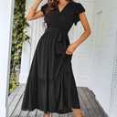 PRETTYGARDEN Women's Summer Floral Boho Maxi Dress Short Sleeve Wrap V Neck Ruffle Long Flowy Beach Wedding Guest Dresses (Black, XL)