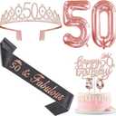 50th Birthday Decorations for Her with Black 50th Birthday Sash and Crown, Cake Topper and Candles, Number Balloons Rose Gold, 50 Year Old Gifts for Women