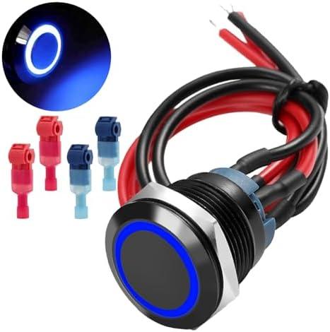 P PADDYFIELD 220V/110V/24V/12V 19mm Metal Button Switch with Wiring Harness and LED Indicator Light, Suitable for Emergency scenarios Such as Ships, Cars, Trucks, etc (1, Black Button - Blue Light)