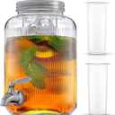 Fluted 1-Gallon Drink Dispenser. Glass Beverage Dispenser with Stainless steel Spigot plus Ice Cylinder and Fruit Infuser! Water Dispenser, Lemonade Stand, Juice Container - Dispensers for Parties