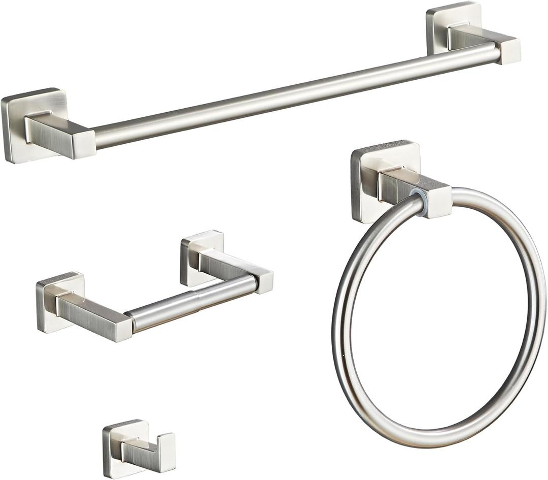 Brushed Nickel Bathroom Hardware Set 4 Pieces, Towel Bar Set Stainless Steel Wall Mounted, Includes 16In Hand Towel Bar, Towel Ring, Robe Towel Hooks, Toilet Paper Holder, Bathroom Towel Rack Set