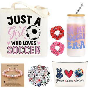 JoycuFF Soccer Gifts for Girls Soccer Stuff Accessories Gifts Sport Lovers Gift Include Glass Cup, Makeup Bag, Canvas Bag, Bracelet, Hair Scrunchies, Stickers for Team Player Birthday Gifts for Women