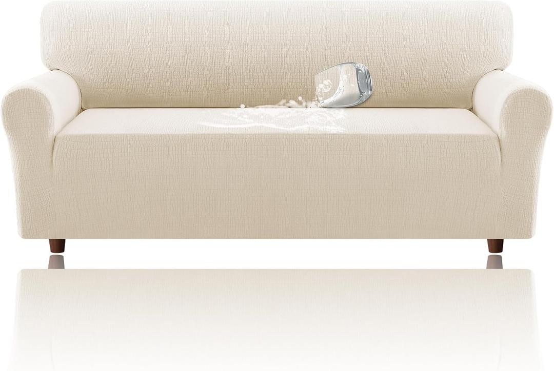 H.VERSAILTEX Jacquard Sofa Slipcover with Waterproof Seat Furniture Protector 1 Piece Stretch Sofa Covers with Elastic Bottom for Kids, Pets, Dog(Sofa XL, Ivory)