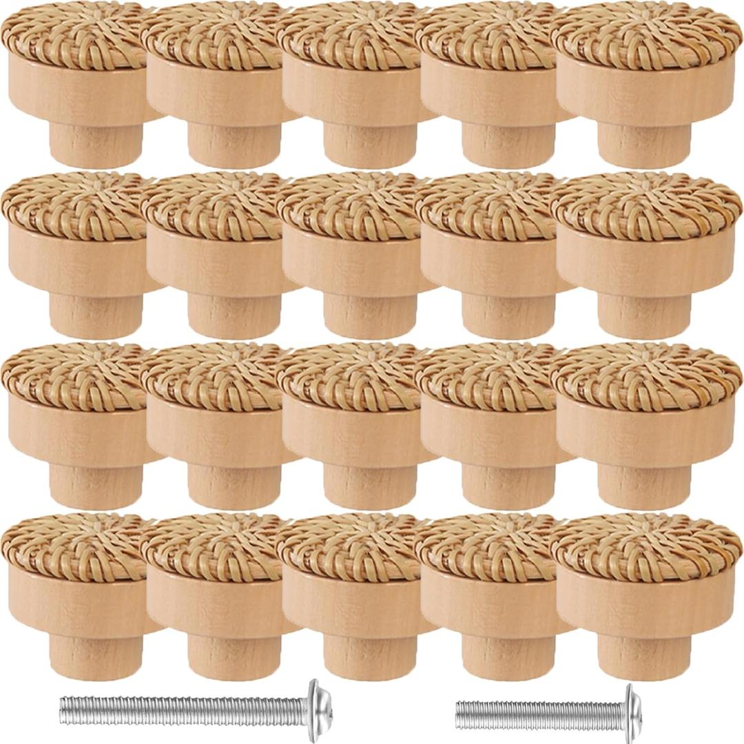 24 Pack Boho Rattan Dresser Knobs- Durable Beech Wooden Drawer Knobs Handmade Rattan Wood Pulls,with 24 Screws Wicker Woven knobs for Cabinets, Furniture