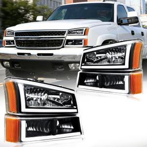 LED DRL Headlight, Compatible with 2003-2006 Chevy Silverado 1500 2500 3500/2003-2006 Avalanche, Headlights Assembly Kit without Factory Cladding Models Black Housing Amber Reflector