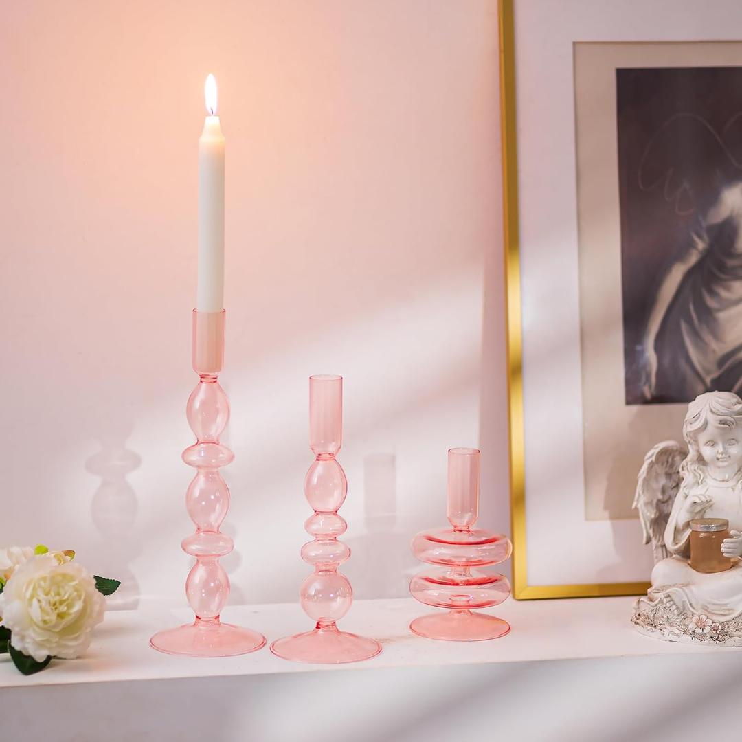 Glasseam Glass Pink Candle Holder: Unique Candle Holders Set of 3, Modern Taper Candles for Candle Holders, Decorative Candle Holders for Table Centerpiece Wedding Party Christmas Home Decoration