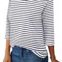 LilyCoco Womens 3/4 Length Sleeve Tops Striped Boatneck Shirt Breton French Cotton Tees Blue and White Small (White, S)