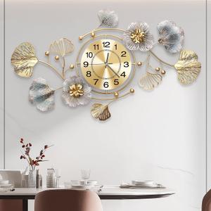 Clocks for Living Room, Large Wall Clock, 3D Silent Wall Clock, Retro Metal Ginkgo Leaf Design, for Bedroom Kitchen Decorative Wall Clocks32''x18''  (Retro Blue Color)