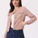 Allegra K Women's Denim Jacket Collarless Round Neck Button Down Long Sleeve Jean Jackets (Pink, L)