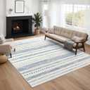 Moroccan 5x7 Area Rug: Soft Ultra Thin Machine Washable Farmhouse Area Rugs for Living Room Non-Slip Neutral Modern Geometric Indoor Floor Carpet for Bedroom Under Dinning Table Blue (5' x 7')