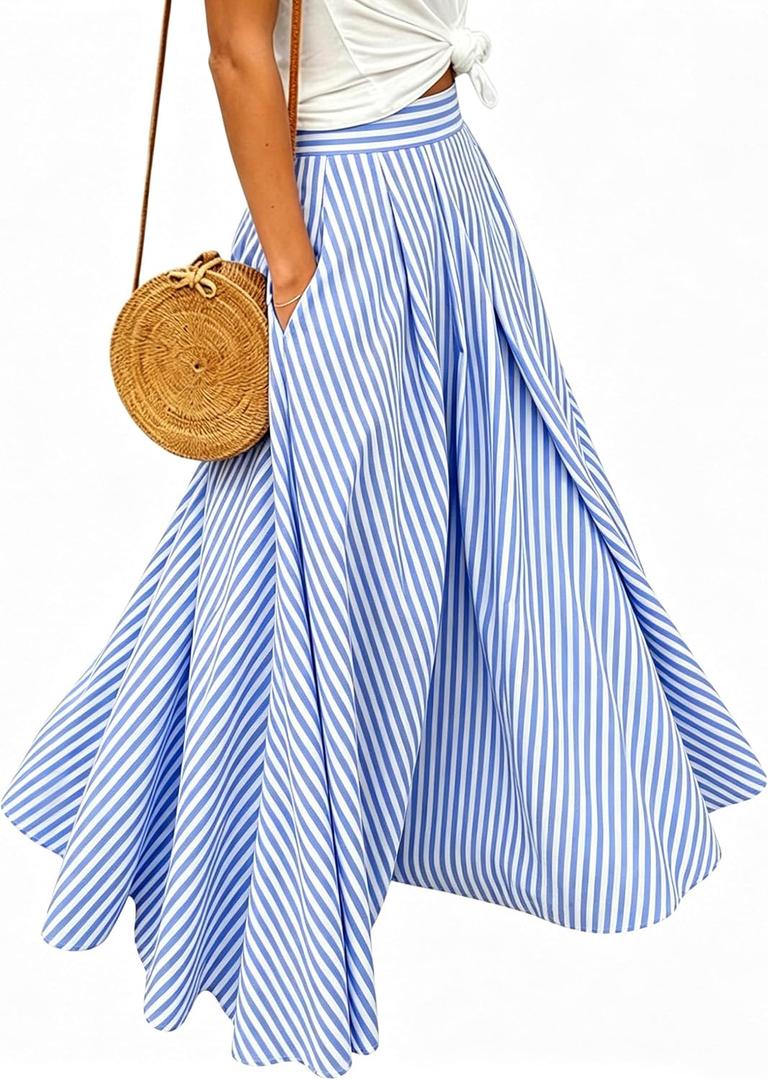 Mansy Women's Plaid Gingham Maxi Skirt High Waist A Line Pleated Flared Summer Casual Swing Long Skirt 2026 (Blue, M)