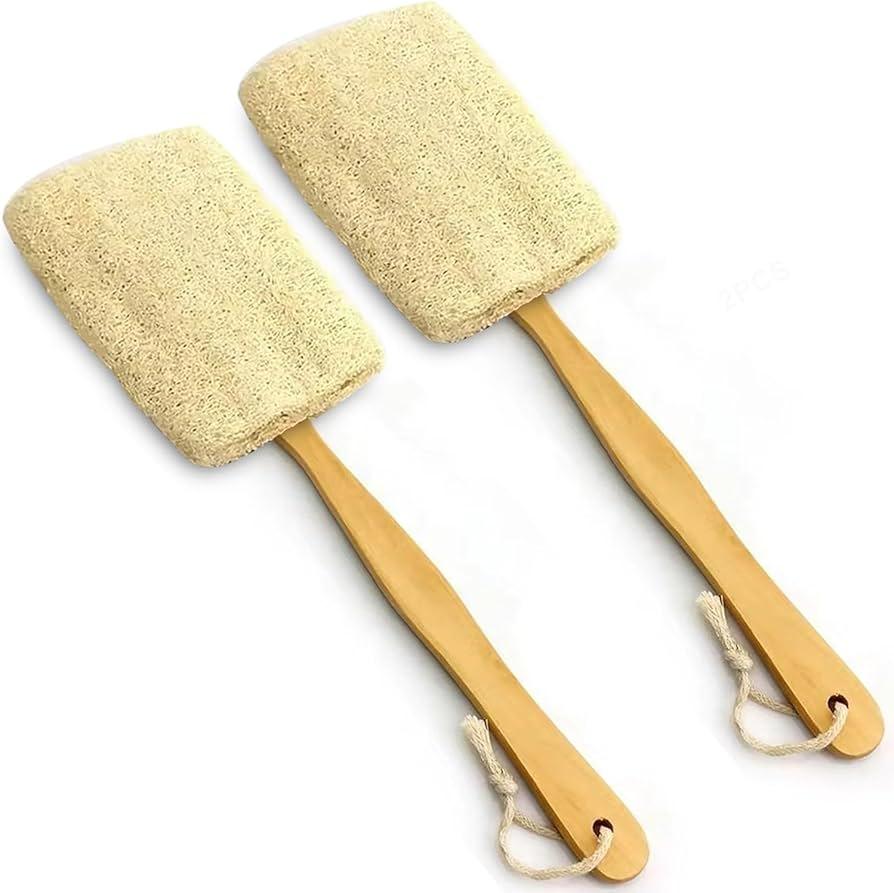 2 Pack Natural Exfoliating Loofah Luffa Loofa Bath Brush On a Stick, Shower Sponge Back Scrubber with Long Wooden Handle for Men & Women, Deep Clean and Invigorate Your Skin Back Brush