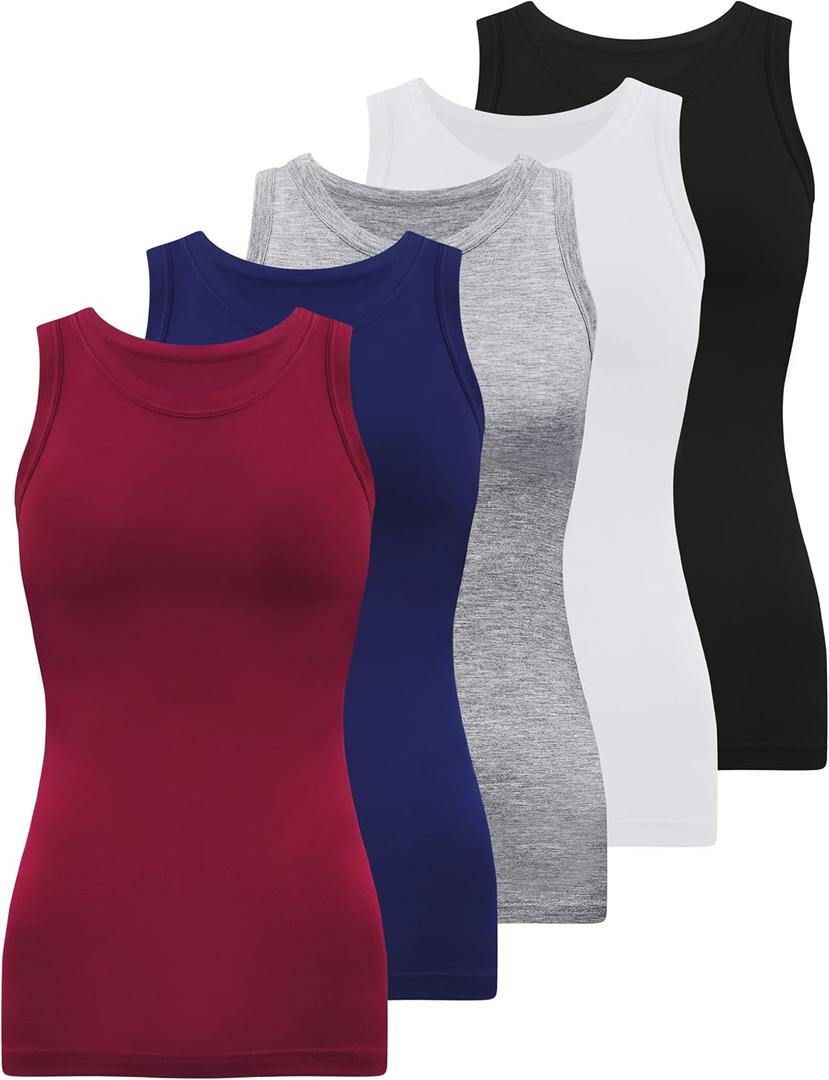 BQTQ 5 Pack Womens Crewneck Tank Tops High Neck Tank Tops Sleeveless Slim Fit Basic Tanks Top Ladies Undershirts (Large, Black, White, Gray, Dark Red, Navy)