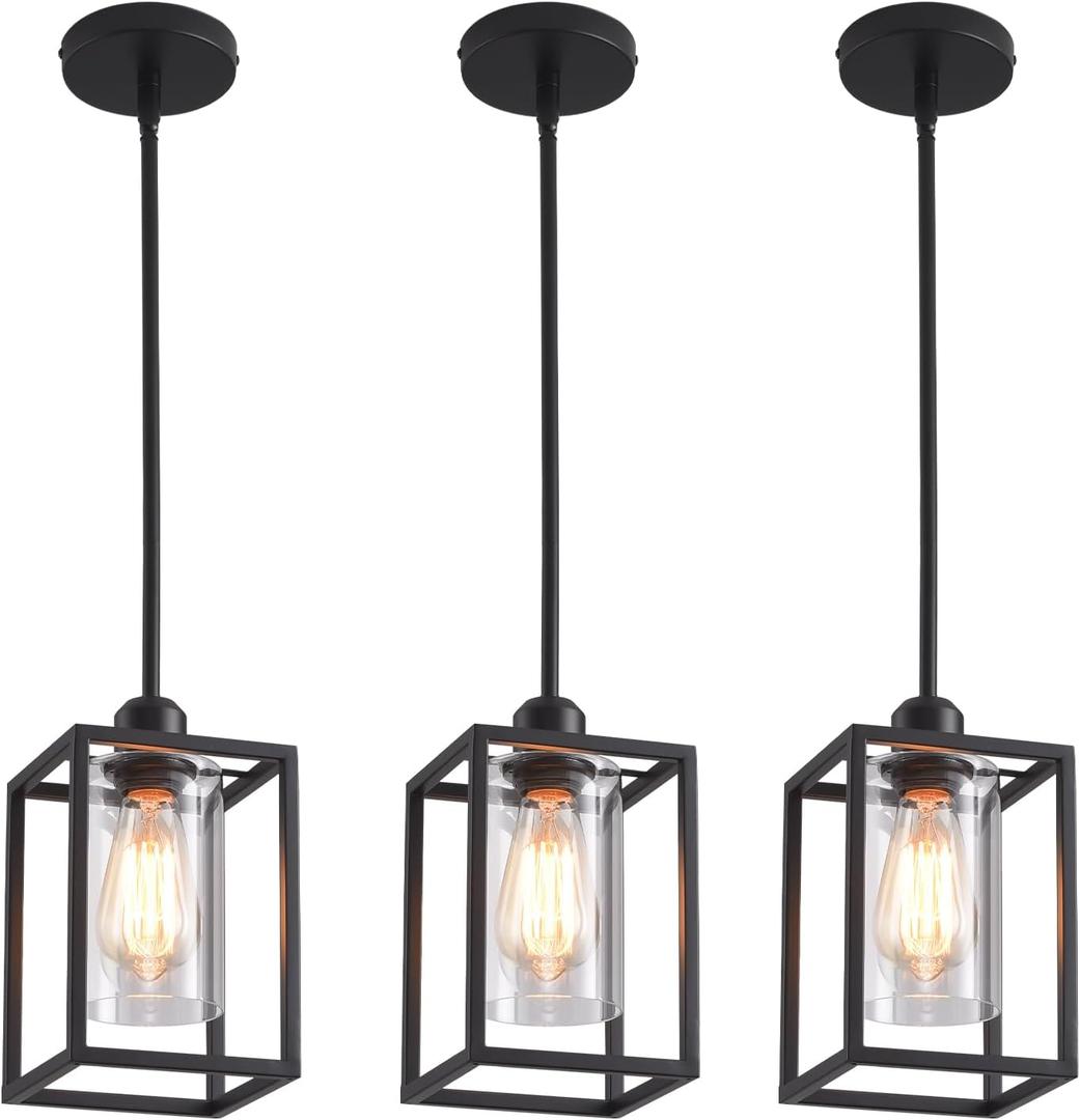 3 Pack Stem Rod Black Pendant Lights for Kitchen Island Industrial Lantern Pendant Light Fixtures with Clear Glass Shade, Farmhouse Adjustable Height Hanging Pendant Lighting