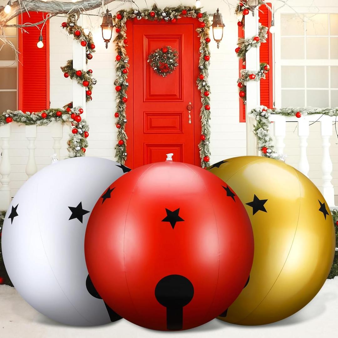 Jetec 3 Pcs 16" 20" 24" Giant Inflatable Christmas Ball Ornament PVC Inflatable Decorated Oversized Outdoor Holiday Decoration Xmas Blow up Ball for Xmas Outside Holiday Yard Lawn Porch Decor