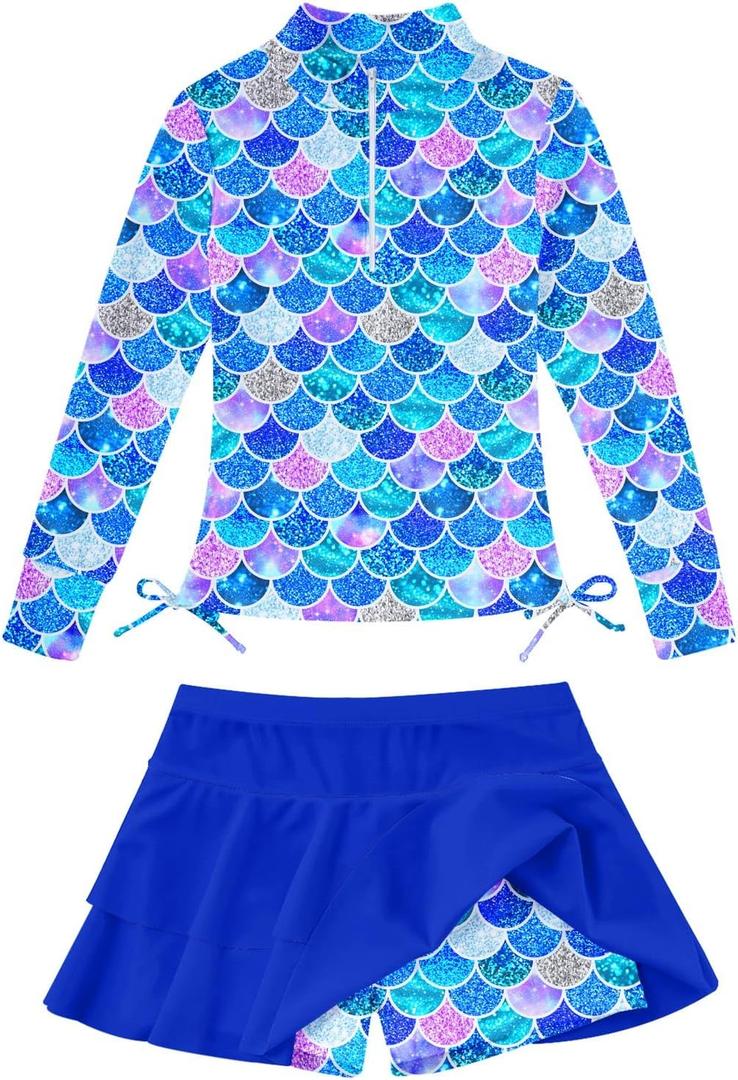 Vogseek 3-4T Girl Swimsuits 2pcs Long Sleeve Swim Rashguard Bathing Suit with Cover-ups Skirt
