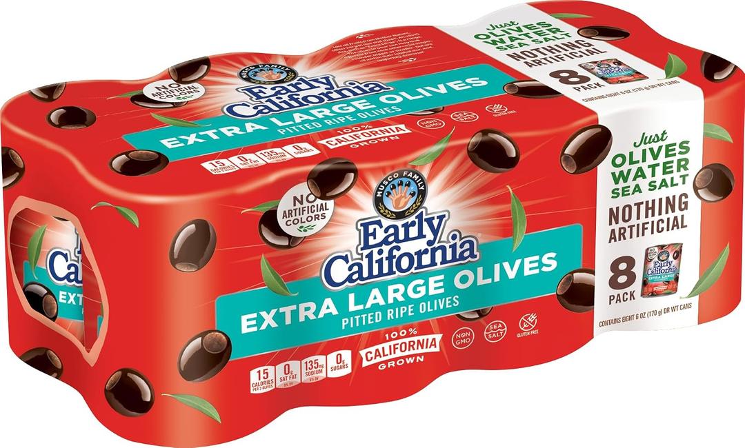 Early California Extra Large Ripe Pitted Olives, Pack of 8, 6 oz Cans