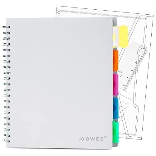 MOWEE 5 Subject Notebook - Spiral Notebook, College Ruled Notebook With Dividers Pocket, Tabs, 11" Ruler, 200 Pages, for Writing Journal, Home & Office, School Supplies, 8.5''x11'' Lily White