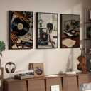 Framed African American Canvas Wall Art Set of 3, Modern Black Woman Record Music Artwork Prints, Black Girl Black Art Wall Decor for Living Room Bedroom Hallway or Music Room Decor, 16x24 Inch, 16"W x 24"H x 3Pcs