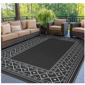 GENIMO Outdoor Rug Waterproof 6'x9' for Patio, Foldable Reversible Plastic Straw Carpet for Travel Trailers, Outside Area Mat for Rv, Deck, Picnic, Porch, Camper, Balcony, Beach, Black & Grey