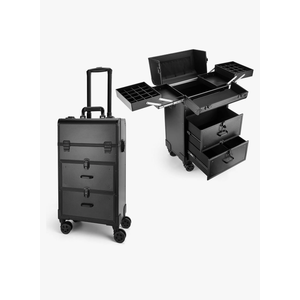Yokilly Rolling Makeup Train Case, Professional Cosmetology Case on Wheels, Aluminum Cosmetic Trolley Travelling Cart Trunk with Swivel Wheels, Sliding Drawer & Keys for Nail Technician Stylist(Black)