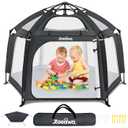 Pop Up Playpen for Baby, Portable Playpen for Babies and Toddlers with Removable Sun-Shades& 2 Side UV Covers, Lightweight Outdoor Baby Play-Pen for Beach Home with Travel Bag, Black