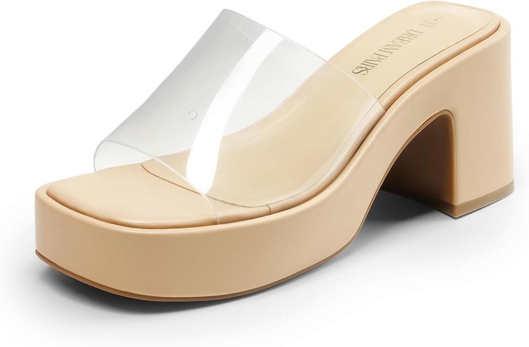 DREAM PAIRS High Chunky Platform Heels for Women Fashion Comfort Slip on Square Open Toe Block Heel Sandals (9, Nude-clear) DREAM PAIRS High Chunky Platform Heels for Women Fashion Comfort Slip on Square Open Toe Block Heel Sandals (9, Nude-clear)
