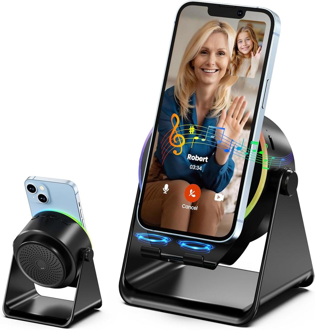Wireless Induction Speaker, Phone Stand with Bluetooth Speaker Amplifier, Stereo Sound, RGB Ambient Light, 360 Adjustable Phone Holder Compatible with iPhone/iPad/Android/Samsung Galaxy-Black