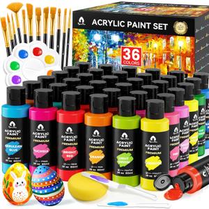 52 Pcs Acrylic Paint Set - 36 Colors (2oz/60ml) with 12 Brushes, 2 Knives & Palette - Rich Pigments for Adults, Artists & Beginners - Painting on Pumpkin Canvas Ceramic Rock Wood