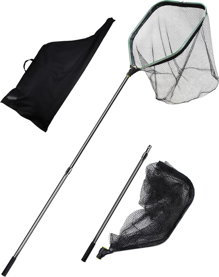 Saltwater Large Fishing Net with Handle Rubber Fishing Nets for Boat & Kayak Large Fishing Landing Net with Telescoping Pole Handle Mesh Fish Net Extend to 75.8-105.7in Net Depth 26.8in (Green)