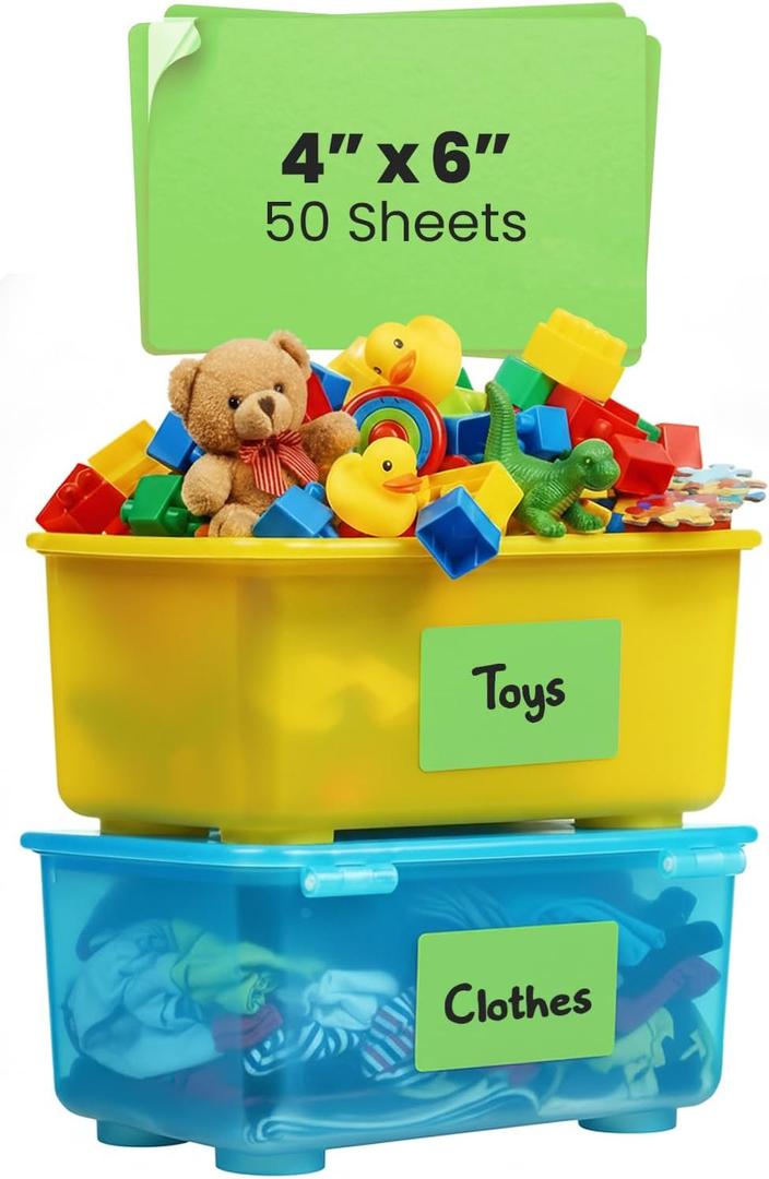 MESS Large Bin Labels for Storage Bins (50 6x4) Storage Bin Labels - Pantry Labels - Labels for Organizing - Removable Labels for Storage Bins Craft Organization - Moving Labels for Boxes (Green)