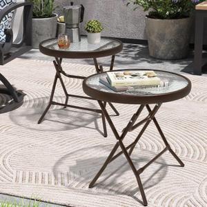 Foldable Patio Side Table Set of 1 with Tempered Glass Top 18" Folding Outdoor Side Tables Set of 1 Small Glass Patio End Tables for Porch Yard Balcony Deck Lawn Dining Garden (Brown)