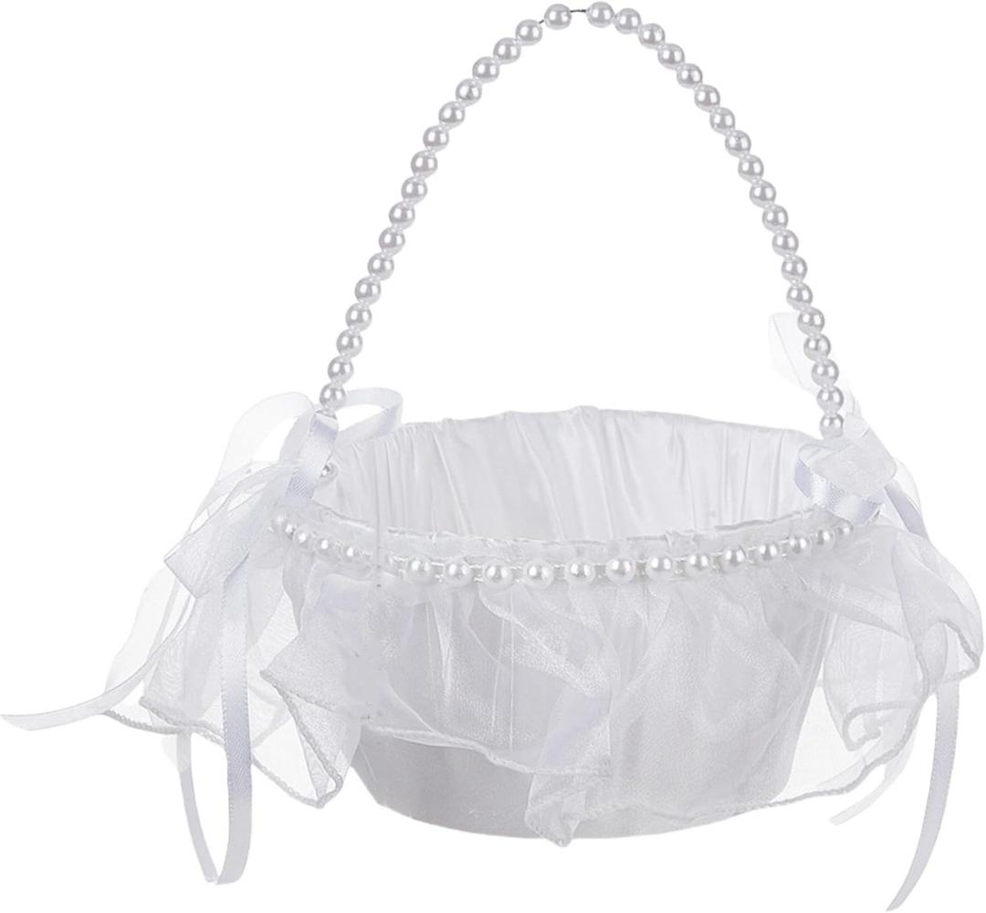 Wedding Flower Girl Basket with Pearl Handle,Satin Flower Storage Basket for Wedding Home Garden Decor (5884, 1)