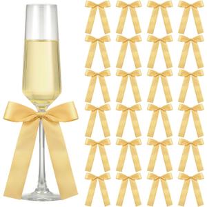 24 Pack Bows for Wine Glass Candle Holder 6.7 x 4 Inch Bow Candlestick Champagne Glass Ribbon Self Adhesive Tag Name Marker for Wedding Anniversary Party Gift Decor(Gold)