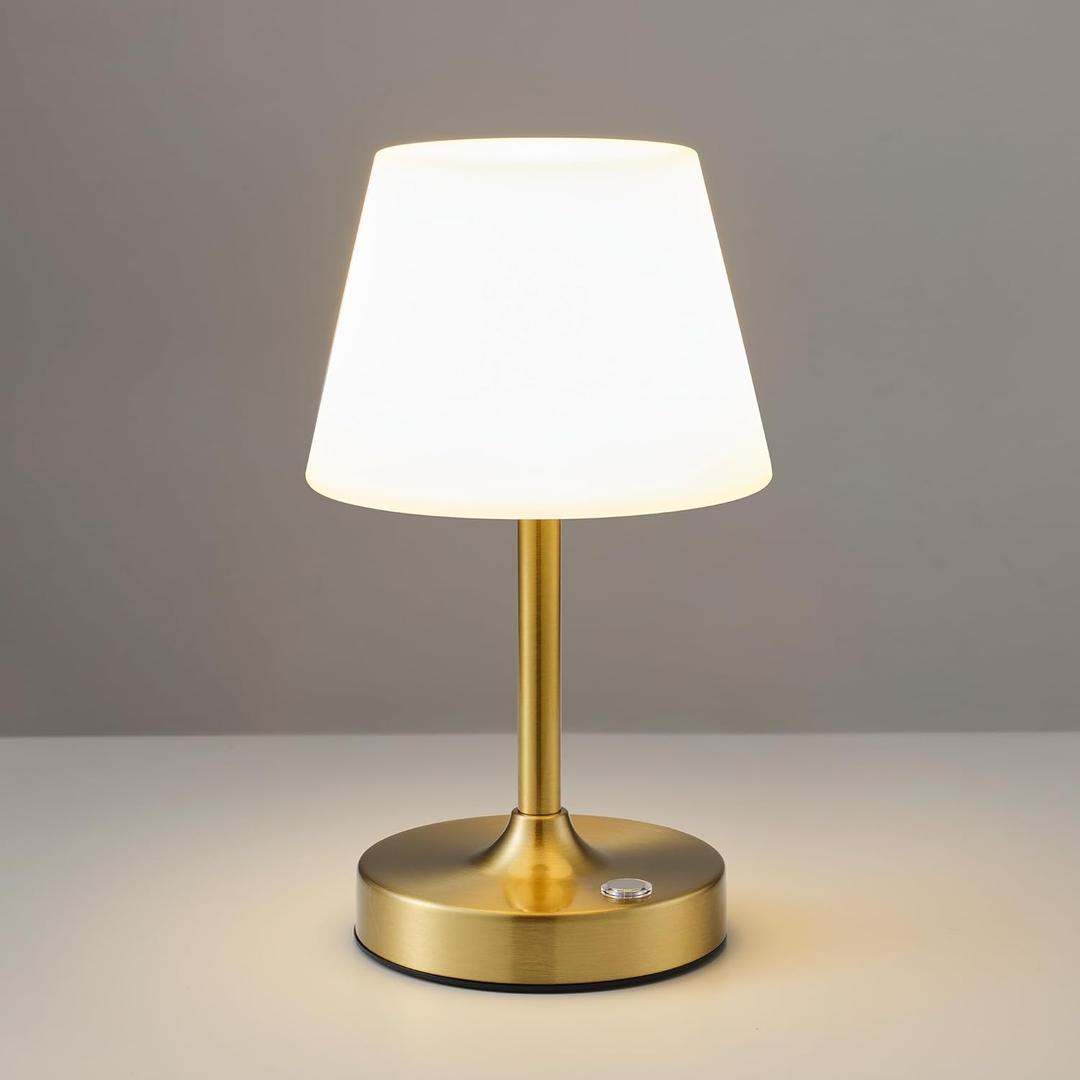 PUSU Cordless LED Gold Small Table Lamp, Waterproof Shower Light with 4000mAh Battery, Portable Rechargeable Touch Dimming Night Light for Bathroom, Outdoor Camping, Kitchen, Patio, Restaurant (H10.2  5.9 inch, Electroplated Gold (Metal + PE Plastic))