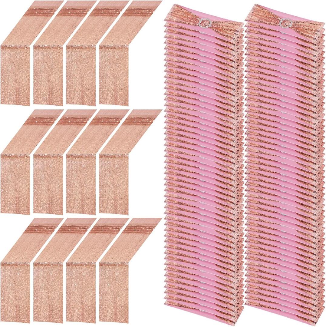 Newwiee 108 Pcs Rose Gold Sequin Chair Sashes and Table Runners, 96 Sequin Chair Bows, 12 Glitter Table Runners for Birthday Party Wedding Banquet Holiday Decorations