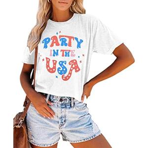 Party in The USA T-Shirt Women 4th of July Independence Day Shirts Funny Patriontic Graphic Short Sleeve Tee Tops, L