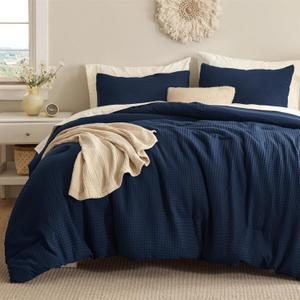 Bedsure Waffle Comforter Set Queen, Soft and Breathable Navy Bedding Comforter Set, 3 Pieces, 1 Waffle Weave Comforter (90" x 90") and 2 Pillowcases(20" x 26")