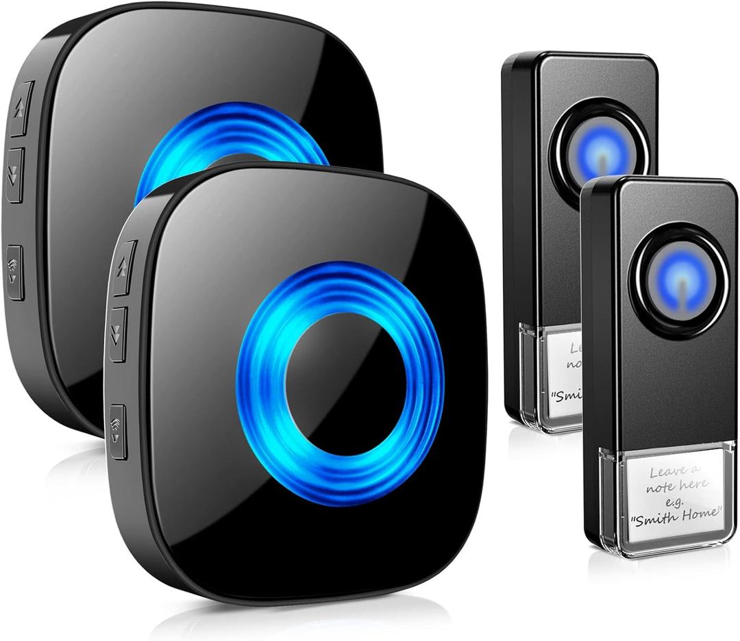 Wireless Doorbell 2 Receivers 2 Push Buttons, PHYSEN Waterproof Door Chime Kit Operating at 1300-ft, Adjustable 58 Melodies & 5 Volume Levels LED Strobe, Door Bell for Home Office Classroom, Black