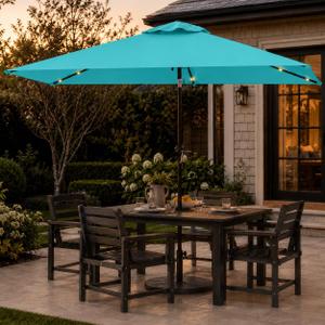 6.5 x 10ft Rectangular Patio Umbrella with Solar Lights, 16 LED Lighted Market Umbrella with Push-Button Tilt and Crank, 6 Sturdy Iron Ribs for Garden, Deck, Pool, Aqua Blue