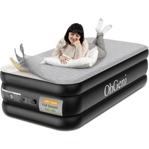 OhGeni 18" Luxury Twin Air Mattress with Built-in Pump, Inflatable Bed with Silk Foam Topper for Superior Comfort, Premium Blow-Up Mattress for Home, Camping & Guests, Easy Setup, Extra Support, Black